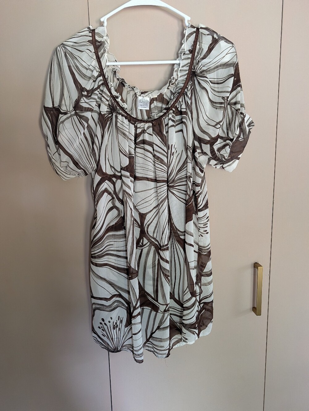 Studio Y Cream and Brown Floral Puff-Sleeve Tunic -Maurices